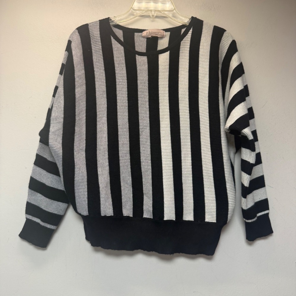 Philosophy Republic Clothing Sweater Womens L Black White Striped Ribbed Knit EX